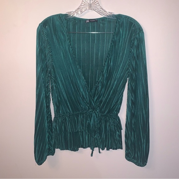 Zara Green Pleated Blouse S - Picture 6 of 12